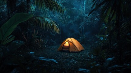orange camping tent sitting deep in the amzon jungle at night, thick jungle leaves, dark amazon jungle, light inside the tent