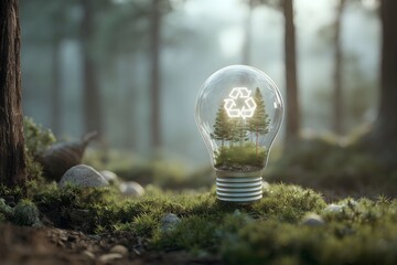 Light bulb in forest with carbon reduction icon Promoting ESG and ecology Nature meets technology for a greener world.
