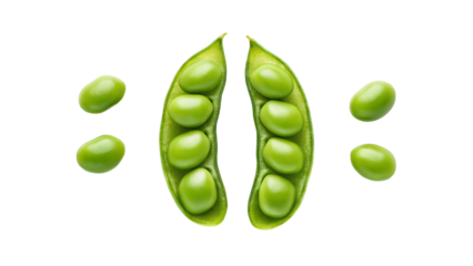 Fresh green edamame pods and beans isolated on transparent background