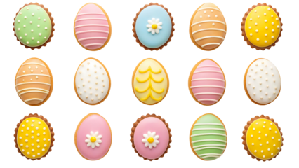 Assortment of decorated easter egg cookies isolated on transparent background