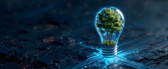Abstract futuristic light bulb with a tree inside on a blue digital technology background a concept of energy and environmental protection Abstract futuristic.