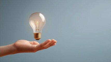 Light bulb floating above human hand with soft glow minimalist metaphor of creative idea in clean setting 5Dimensional.