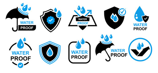 waterproof or water resistant icons for mockup, product, packaging etc. icons for waterproof paint, cloth, chemical, material etc. protection from wet weather, liquid, rain, water droplet, storm etc