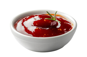 Ketchup in a white bowl, isolated on a transparent background in PNG format.