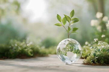 A shiny earth ornament that looks like it is made of crystal New shoots are growing next to it It is bathed in soft sunlight Conceptual image of ecology Copy .