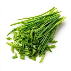 Fototapeta premium Freshly chopped chives, a vibrant green herb, ready for culinary use. These aromatic chives are a culinary delight and versatile ingredient