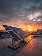 A wideangle shot of a hightech solar panel standing upright on a large industrial rooftop during golden hour Warm sunlight flares across the glossy panel surf.