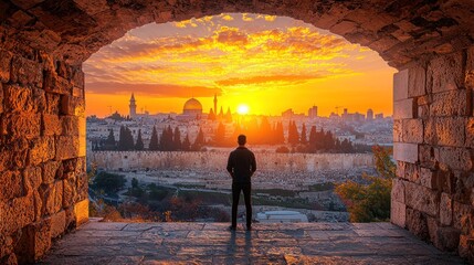Obraz premium Golden Hour in Jerusalem: A Man's Silhouette Witnessing a Breathtaking Sunset