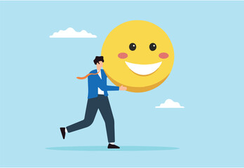 Flat illustration of businessman carry big happy smile face symbolizing job satisfaction and positive workplace morale