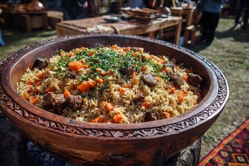 Uzbek plov rice dish carrots and lamb outdoor cultural event