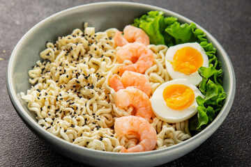 Noodles  shrimp and vegetables tasty seafood snack fresh delicious gourmet food background on the table rustic food top view copy space vegetarian food