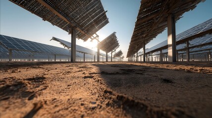 A photovoltaic power plant with solar panels set on a sandy ground Chang Jing Huan Jing The photovoltaic power plant in an open area with a sandy ground beneath the solar .