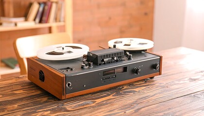 Vintage reel-to-reel tape recorder on wooden table