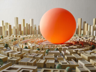 Obraz premium Orange Sphere Over Miniature Cityscape Model urban planning