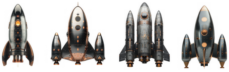 Four futuristic rockets of different designs, ready for launch, isolated on transparent background