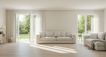 Fototapeta premium Modern living room with large windows overlooking a garden
