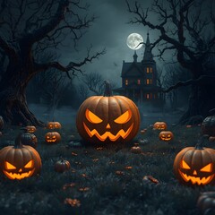 Spooky Atmosphere with Pumpkins and Haunted Hous
