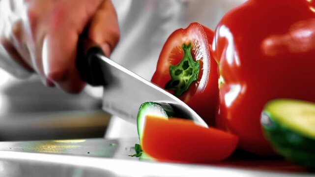Chef is cutting up a variety of vegetables, including bell peppers and cucumbers. Concept of freshness and health, as the vegetables are being prepared for a meal