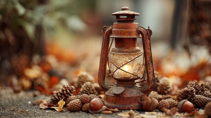 Vintage rusty lantern glowing with candlelight surrounded by autumn elements such as pinecones, acorns and leaves. Symbol of warmth, remembrance and seasonal atmosphere during All Saints Day and autum