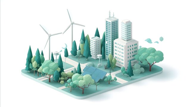 25dsustainable future city wind turbine solar panels on building rooftops lush green trees minimal robot flat illustration style vector style minimalist layou. - Powered by Adobe