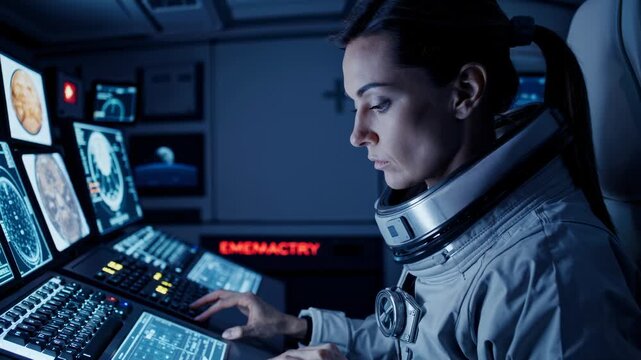 Focused female astronaut spacesuit operates complex control panel this sci-fi scene represents space exploration future technology human mission research