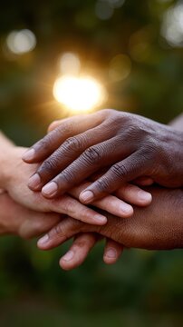 community support, various hands joining in a circle with soft light, representing unity and compassion