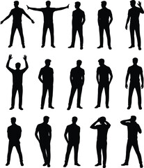 Silhouette man poses, casual male figure, standing person gestures, human body outline, fashion model shadow, communication body language, modern lifestyle design