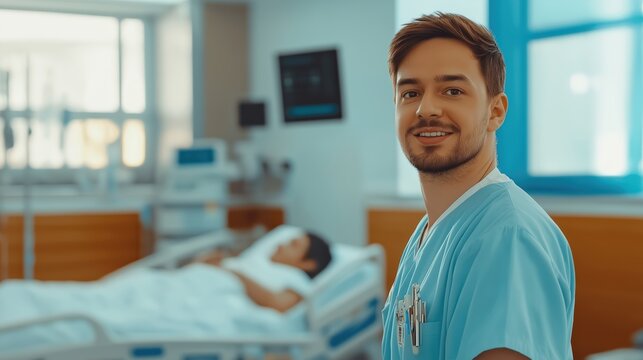 Portrait of smiling 30-year-old man in light blue orderly uniform, in sunlit hospital room with patient in background.