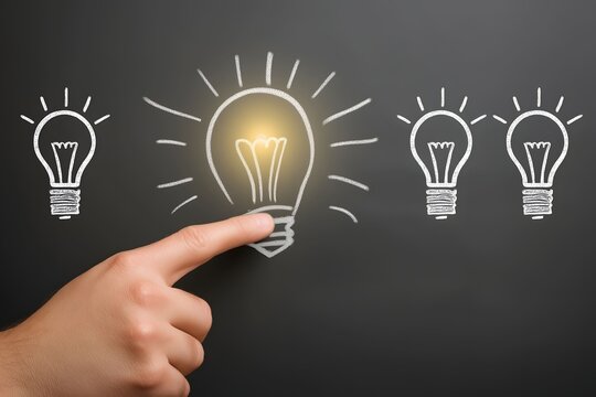 hand pointing at glowing cartoonstyle lightbulb icons floating in air concept of multiple ideas and creativity stock photo style.