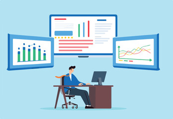 Marketing strategy management, data-driven decision-making, strategic oversight, business coordination concept vector illustration. Analyst operating control room with financial charts
