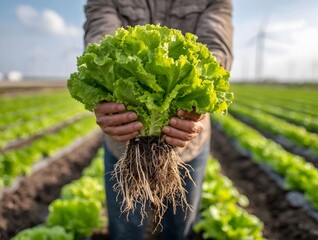 closeup of a person holding fresh green lettuce with roots standing in front of a wellorganized organic vegetable field rows of lettuce crops clear blue sky w.