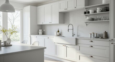 Modern white kitchen with farmhouse sink and natural light