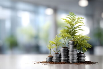 Create a background that demonstrates Financially Thriving at work The background needs to contain plants flourishing from a stack of coins symbolising develo.
