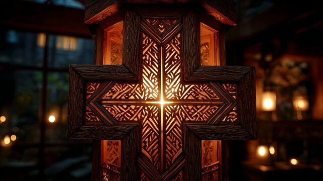 Symbolic illustration of a wooden lantern shaped like a cross with a glowing candle inside, radiating warm light. A spiritual All Saints Day themed composition representing faith, remembrance and eter - Powered by Adobe