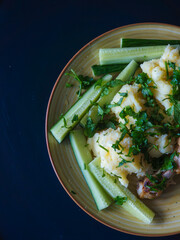 Homemade mashed potatoes with cucumber and roasted chicken breast on a plate