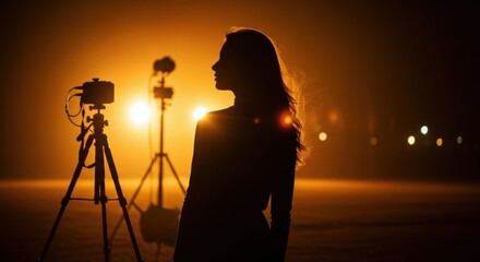 Silhouette of female photographer with tripod and bright lights at night
