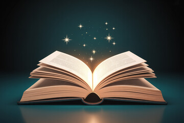 Open antique book with magical glowing light and sparkling stars emanating from its pages