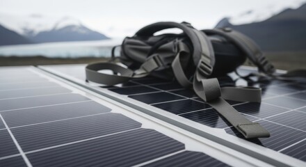 Backpack on solar panels amidst snowy mountain landscape