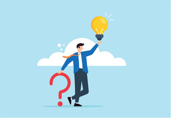 Flat illustration of smart businessman holds question mark sign alongside lightbulb representing creative problem-solving ideas