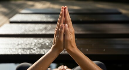 Close-up of interlocked hands in prayer gesture with sunlit background
