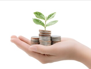 A hand holding coins with a growing plant isolated on a white background Closeup view of a womans hand palm with a stack of casual currency and a green sprout.