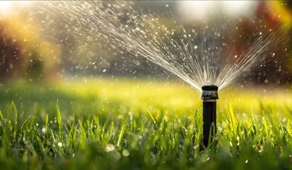 stock photo ultra realistic close up of a sprinkler spraying fresh water over vibrant green grass on a sunny day water droplets frozen mid air shallow depth o.