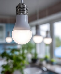 Macro focus on led light bulbs in a kitchen in a modern city house Daylight realistic photo.