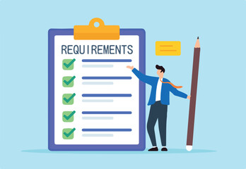 Flat illustration of product developer hold pencil confirm requirement checklist