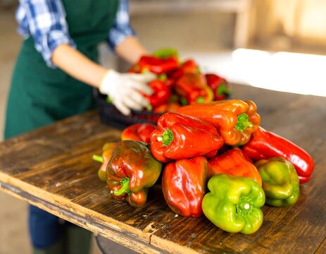 Woman sorting red and green peppers - Powered by Adobe