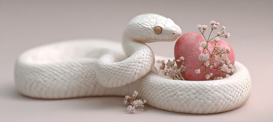 Albino snake with pink egg and flowers, cute reptile pet photography, beautiful white snake, snake art