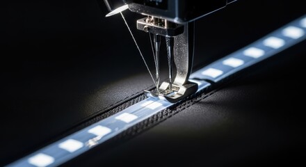 Close-up of sewing machine stitching led strip on dark fabric