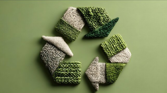 A recycling sign made of textiles restyle reuse resize recycle concept green light atelier background.