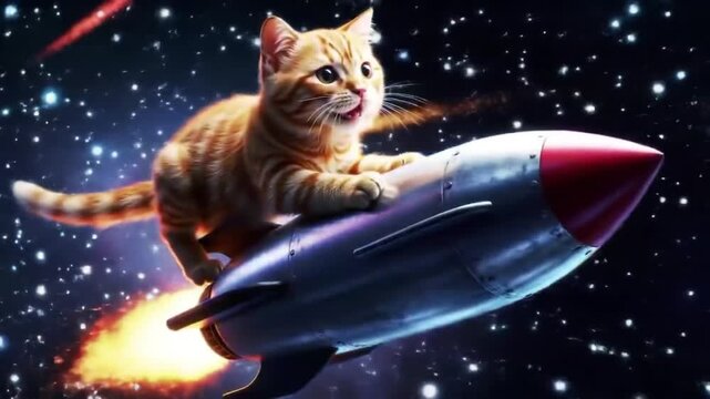 A playful orange cat riding a rocket through a vibrant galaxy filled with stars and cosmic clouds