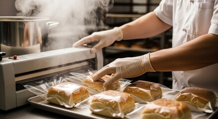 Chef vacuum sealing fresh bread rolls in commercial kitchen